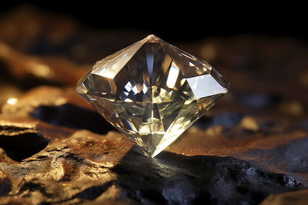 A brilliant diamond stone rests gracefully on a dark velvet surface showcasing its stunning facets under low light.の素材