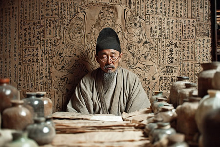 A learned scribe meticulously writes hieroglyphs on ancient paper surrounded by scrolls and ink pots in a traditional Chinese study. This process showcases the evolution of writing.の素材