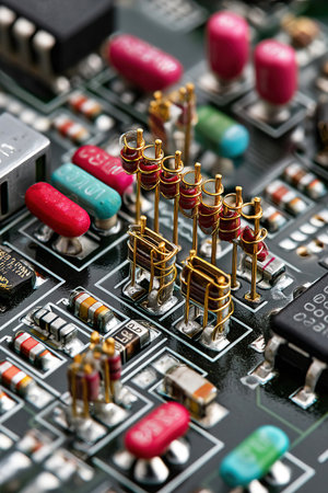 Close examination of a modern microcircuit reveals intricate electronic components and connections.の素材