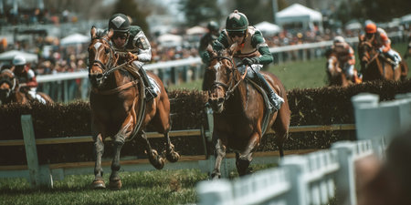 Two horses gallop swiftly as riders navigate hurdles in an exciting race at the hippodrome. Spectators cheer from the stands creating a vibrant atmosphere during this exhilarating event.の素材
