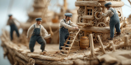 Miniature characters are busy preparing desserts in a whimsical setting showcasing their Lilliputian height alongside a large figure.の素材