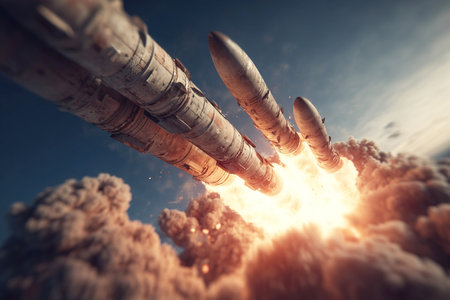 Multiple missiles launch into the sky leaving a trail of smoke and debris. The display of military power signifies an ongoing conflict. The atmosphere is tense with impending action.の素材