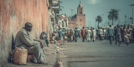 poor man sits on ground in dusty street surrounded by wealthy people walking by highlighting stark contrast in lifestyles in an African city.の素材