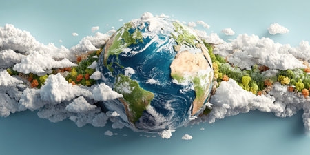 A stunning representation of Earth Day showcasing the planet encircled by fluffy clouds and lush trees. This artwork highlights the importance of ecology and environmental rescue.の素材