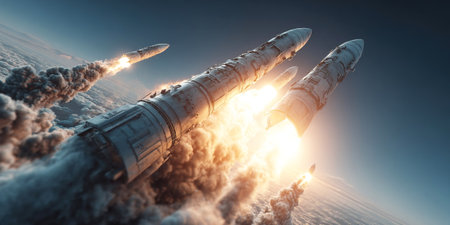 A group of military projectiles ascends rapidly through the sky engines ignited illustrating the power and intensity of aerial warfare during a conflict.の素材