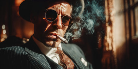A well dressed mafia boss sits in an elegant room exuding confidence. Smoke curls from a cigarette in his mouth as he gazes intently embodying the essence of organized crime.の素材