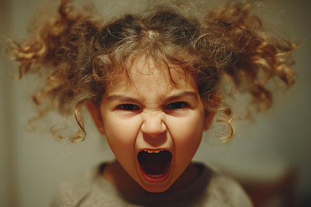 A young child with curly hair is extreme rage tears streaming down their face as they scream loudly. The background is neutral emphasizing the child's emotional state.の素材