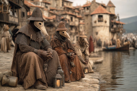 In a medieval port city doctors wearing beak masks check on sick people sitting near the houses. Lanterns illuminate the scene as they attempt to manage the plague outbreak affecting the area.の素材