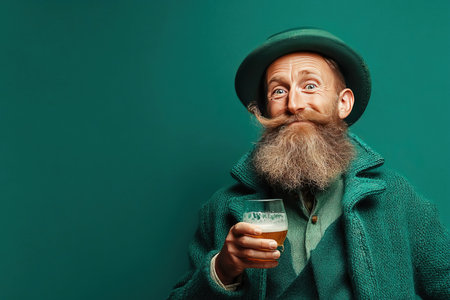 A man dressed in a green tunic and bowler hat joyfully holds a glass of beer. His long beard adds to the festive spirit against a vivid green background perfect for St Patricks Day celebrations.の素材