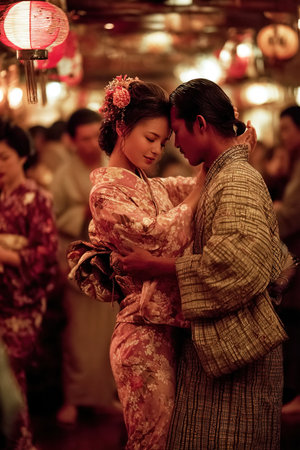 In a vibrant atmosphere a young geisha dances gracefully in front of a man dressed in a traditional kimono. Their tender interaction is surrounded by a lively crowd in a Japanese teahouse.の素材