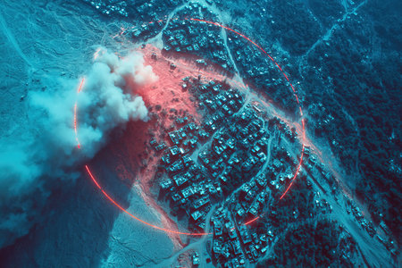 Satellite monitoring reveals military activities with vivid neon graphics highlighting troop movements and equipment deployment in a designated area during operations.の素材