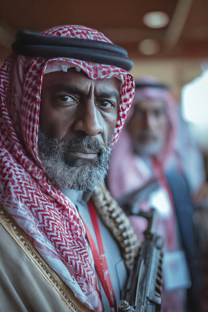 An elderly Arab man dressed in traditional attire holds a machine gun while participating in a meeting. Other men in similar outfits are seen in the background highlighting a serious atmosphere.の素材