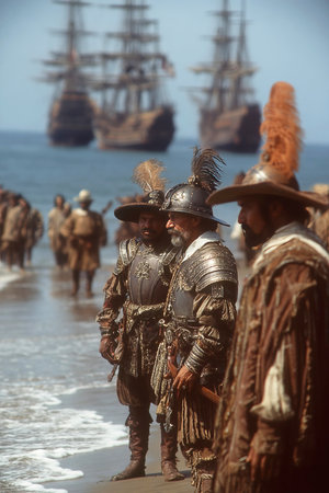 On a vibrant shore Spanish conquistadors stand ready as they encounter the Inca leader. In the background majestic galleons sailed across the ocean setting the stage for a historic meeting.の素材