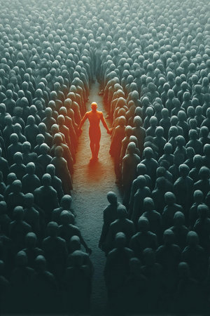 A single figure stands out amidst a vast crowd controlling and influencing the masses around. The atmosphere suggests a strong sense of management and collective fervor.の素材