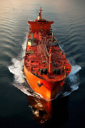 An offshore cargo tanker travels through tranquil seas highlighting the ecological disaster from an oil spill. The vessel's operations pose serious environmental risks in this sensitive area.の素材