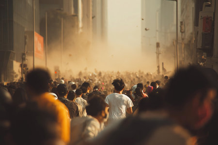 A large crowd of men and women runs through city streets filled with smoke during a protest rally. Tension rises as police respond aggressively to the situation highlighting civil unrest.の素材