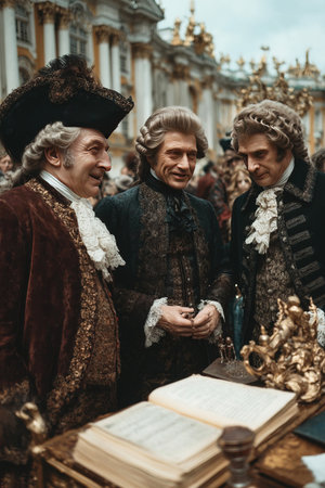 In a vibrant historical setting three legendary composers share a joyful conversation about music. Dressed in period attire they immerse themselves in lively dialogue exchanging ideas.の素材