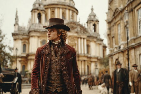 A man dressed in elegant 19th century clothing strolls through a historic city square, showcasing ornate architecture. People in period costumes mingle around horse-drawn carriages as dusk falls.の素材
