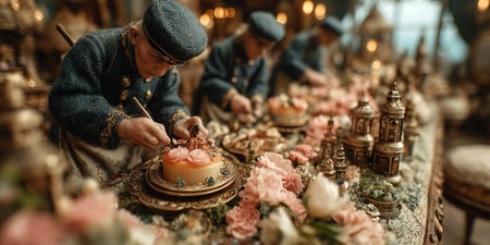 Lilliputian sized workers meticulously decorate large desserts on an elegant dining table filled with ornate dishes and floral arrangements capturing a whimsical fantasy atmosphere.の素材