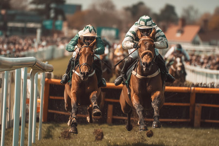 Excitement fills the air as two talented horses gallop forward their riders skillfully guiding them over a barrier at a lively hippodrome. The stands are filled with cheering spectators.の素材