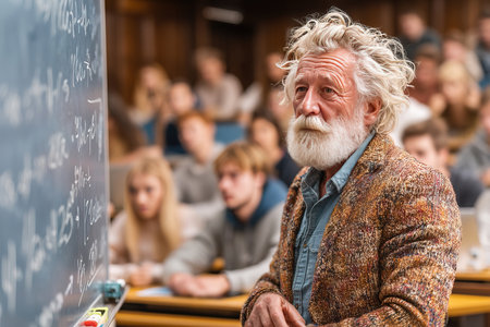 An elderly professor with a white beard and curly hair delivers a lecture to attentive students in a classroom setting.の素材