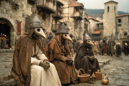 In a medieval port city doctors in beak masks observe as plague victims sit on the ground near houses. The scene captures the struggle of people afflicted by the disease.の素材