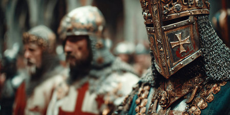 Armored knights stand together in a grand courtyard, adorned in detailed armor and facing forward. The courtyard is filled with historical architecture, creating a vibrant atmosphere.の素材