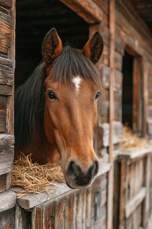 A clean and tidy stable showcases a majestic stallion peering out from his stall. The rustic wooden structure adds charm to the serene atmosphere with fresh straw in view.の素材