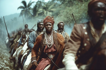 In a pivotal moment during the Haitian Revolution a group of determined freedom fighters advance through a lush landscape armed and resolute.の素材