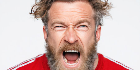 A male football fan in a vibrant team uniform shows his anger with an open mouthed scream. His disheveled hair and intense expression capture the raw emotion of competitive sports.の素材