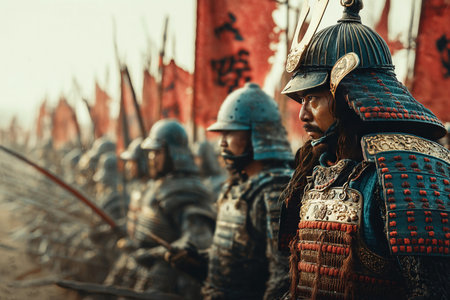 A fierce battle is underway as Japanese samurai warriors engage in combat showcasing their traditional armor and weapons. Red banners wave in the background heightening the atmosphere of conflict.の素材