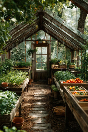 Inside a vibrant greenhouse fresh vegetables thrive under sunlight. Rows of produce like tomatoes and vibrant greens fill wooden tables showing the beauty of farm life.の素材