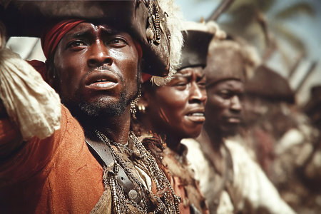 Group of men in historical atmosphere show intense focus during a rebellion in Haiti. They grasp weapons as they prepare for battle embodying the spirit of resistance against oppression.の素材