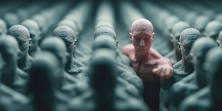 Amid a sea of identical figures one individual stands out directing and influencing the group. This display highlights power dynamics and crowd behavior in a thought provoking manner.の素材