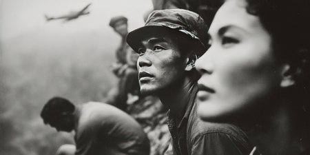 In a tense moment from War in Malaya soldiers gather in tall grass as a plane flies overhead. The atmosphere is heavy with anticipation and the realities of battle surround them.の素材