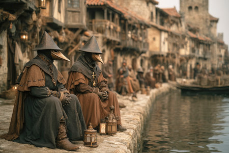 In a medieval port city doctors wearing beak masks sit by the water as they observe people suffering from the plague nearby. Lanterns are lit along the houses creating a somber atmosphere.の素材