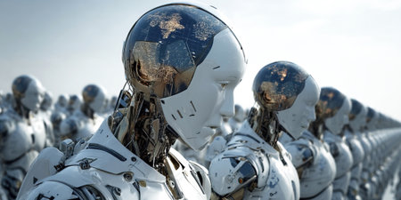 On World Population Day a group of chrome androids showcases the latest advancements in robot production. These robotic figures represent the future of technology and innovation in the industry.の素材