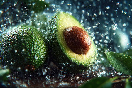 Two ripe avocados are partially submerged in water droplets creating a refreshing atmosphere.の素材