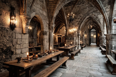 The medieval dining hall features grand stone arches with warm candlelight illuminating wooden tables. The rustic setting reflects a bygone era of feasting and gatherings in a castle.の素材