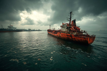 An offshore cargo tanker with visible rust and damage is surrounded by polluted waters reflecting dark skies. Nearby vessels are partially obscured emphasizing the severity of the oil accident.の素材