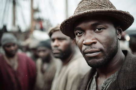 A bustling African merchant trading port during the Middle Ages. The slave market highlights the harsh realities of trade and human suffering as individuals await their fate.の素材