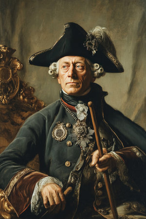 The subject is dressed in ornate regalia, seated in a lavish chair that highlights their distinguished status. The expression conveys wisdom and leadership, reflecting a significant era in history.の素材