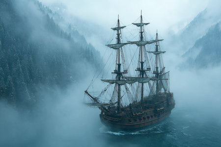 A ghostly pirate ship emerges from thick mist navigating treacherous waters surrounded by misty mountains. An epic battle looms as two ships prepare to clash in a historic naval scene.の素材