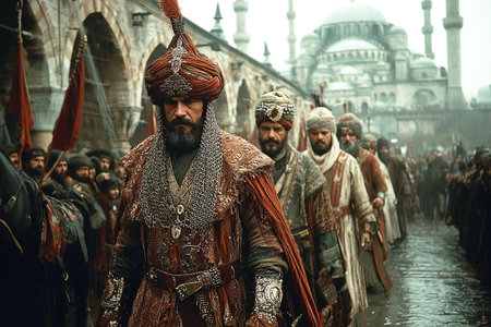In a historic scene the Turkish Sultan leads a grand procession through the streets of Constantinople following its conquest. Accompanied by soldiers the atmosphere is filled with triumph.の素材