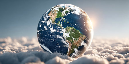 A beautiful Earth Day installation features the planet surrounded by soft clouds during daylight. The artwork emphasizes the importance of ecology in protecting our environment.の素材