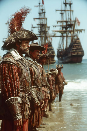 Spanish conquistadors stand on the ocean shore meeting the leader of the Incas. Old galleons are visible in the background representing the era of exploration and conquest in South America.の素材