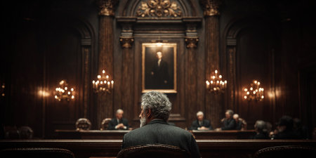 A courtroom session unfolds with a jury present where lawyers and a judge engage in a serious discussion regarding the ongoing legal proceedings. The atmosphere is tense and focused.の素材