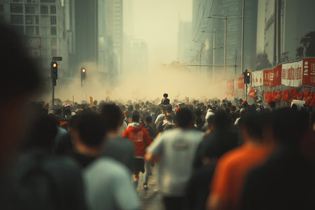 A large group of men and women runs through modern city streets during a protest rally. Smoke fills the air as police confront the crowd capturing a moment of tension and activity in an Asian city.の素材