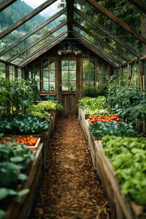 Inside a greenhouse rows of healthy vegetables thrive featuring ripe tomatoes fresh cabbage and lush greens. Sunlight filters through the glass illuminating this cultivated paradise.の素材