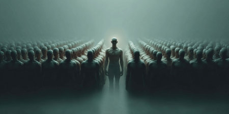 A solitary figure stands at the forefront of a large group subtly guiding their actions in a foggy environment. The crowd appears entranced showcasing themes of manipulation and influence.の素材